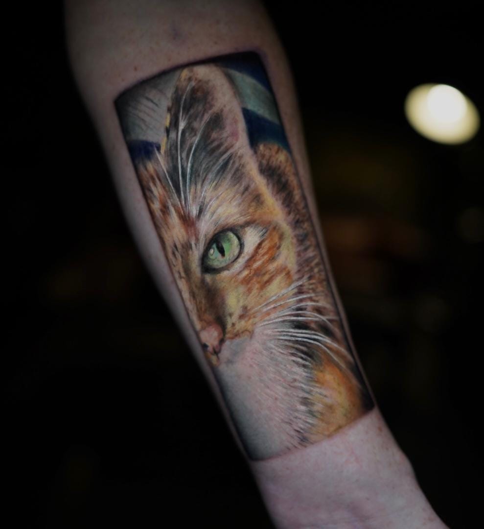 Un tatuaje detallado y realista de la cara de un gato con ojos verdes adorna el antebrazo de una persona. El fondo es oscuro, lo que resalta los detalles finos y la coloración del gato, centrándose especialmente en los intrincados patrones del pelaje y el llamativo color de los ojos: una verdadera obra maestra digna de la vibrante escena artística de Barcelona.